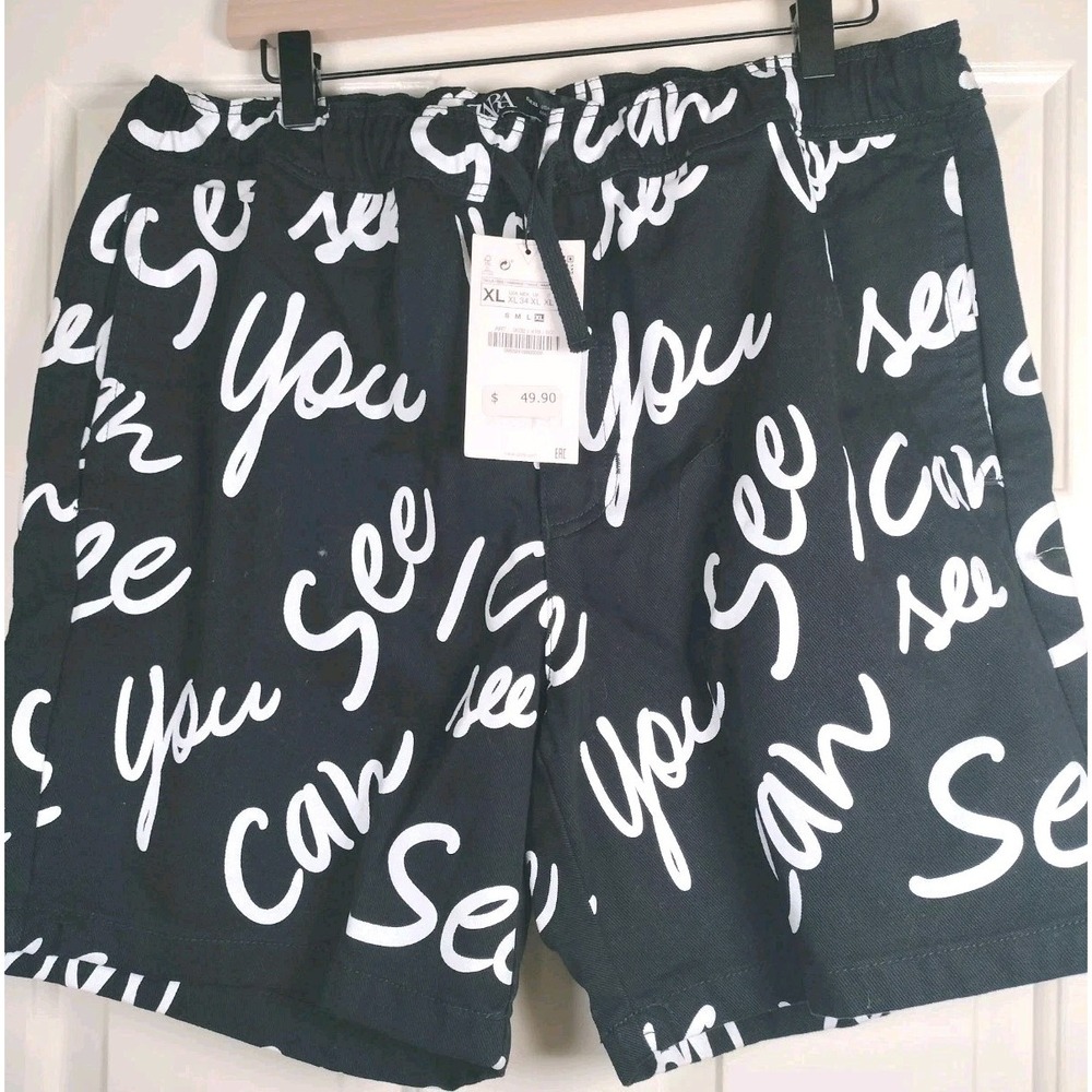 Zara‎ Men Relaxed Shorts XL Black White All Over Print Typography NWT